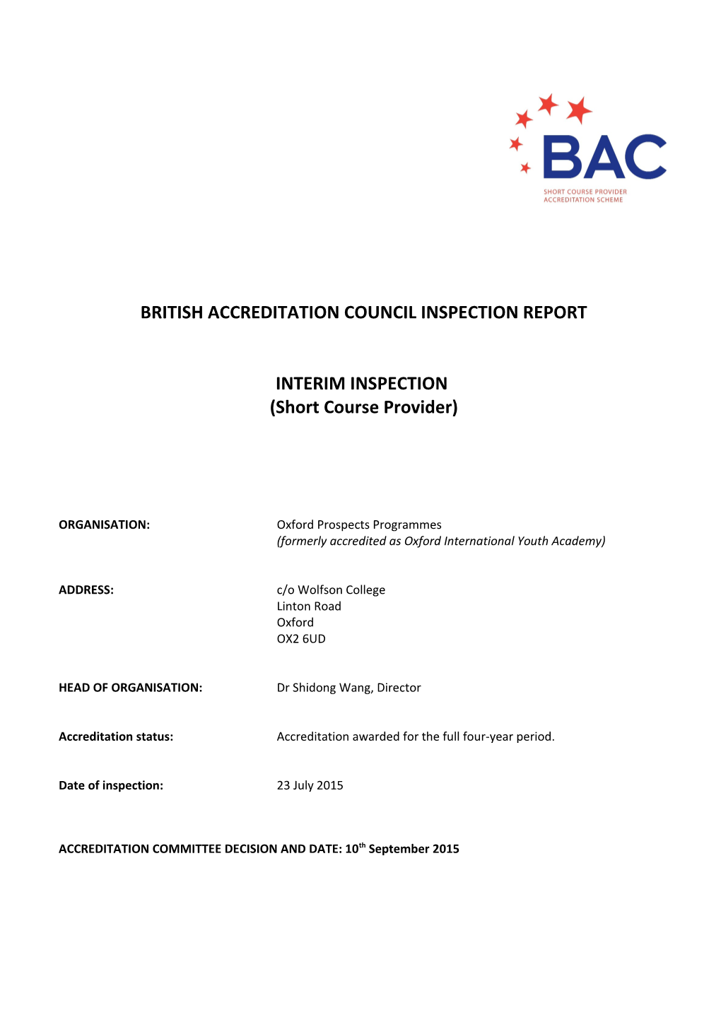 British Accreditation Council Inspection Report