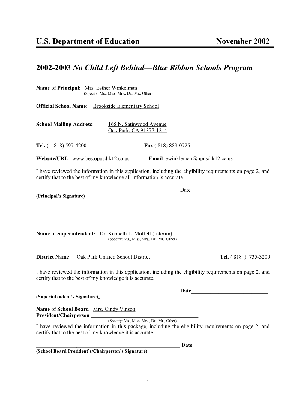 Brookside Elementary School 2003 No Child Left Behind-Blue Ribbon School (Msword)