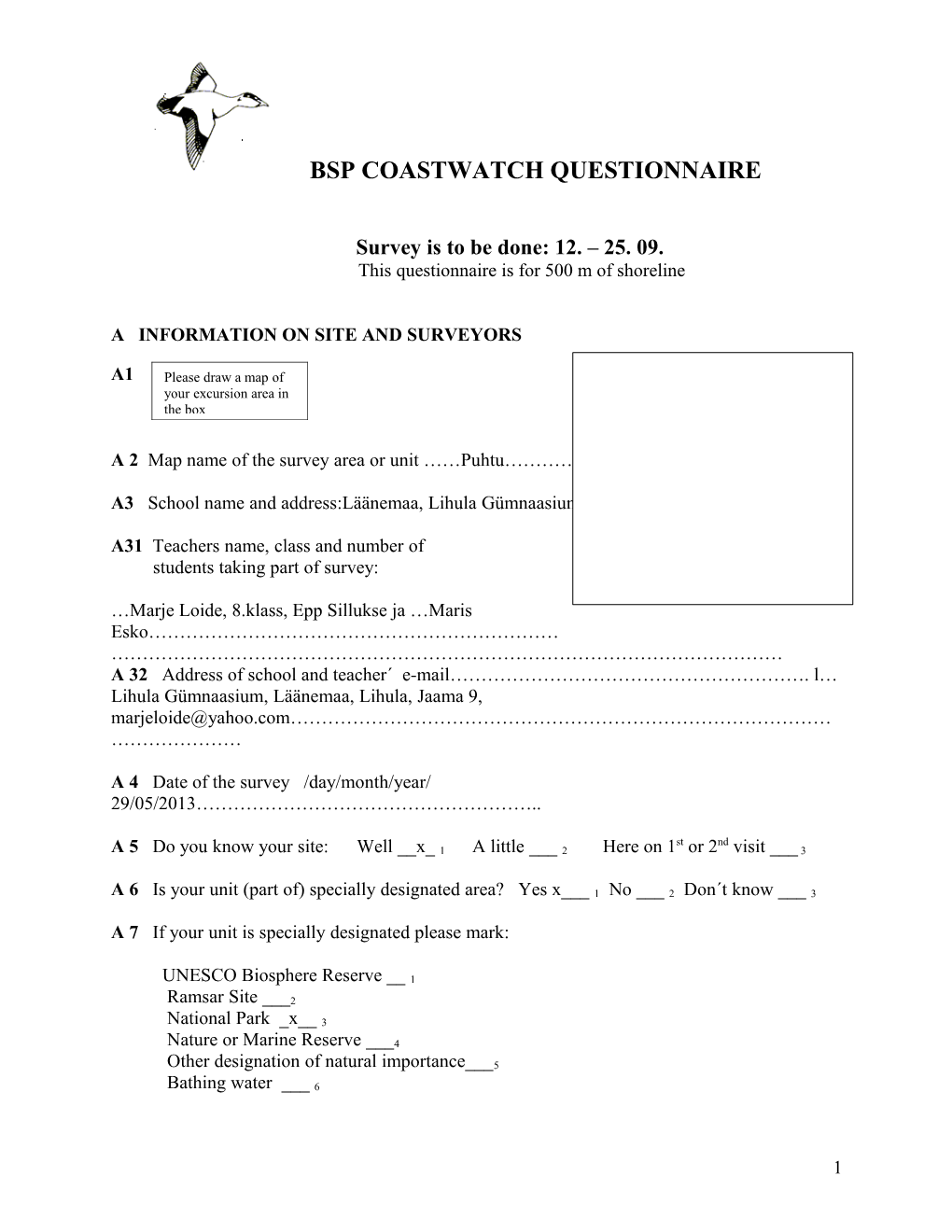Bsp Coastwatch Questionnaire