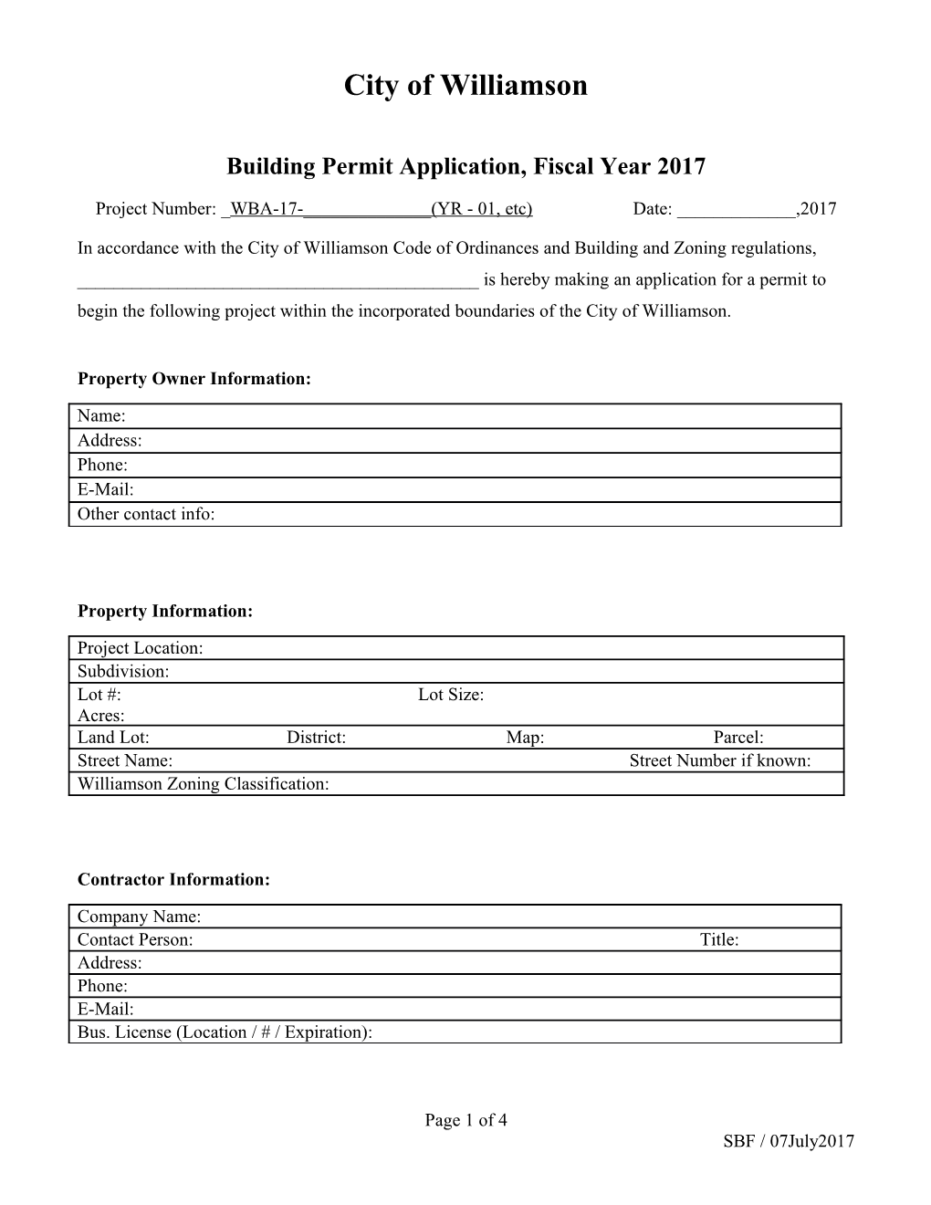 Building Permit Application, Fiscal Year 2017