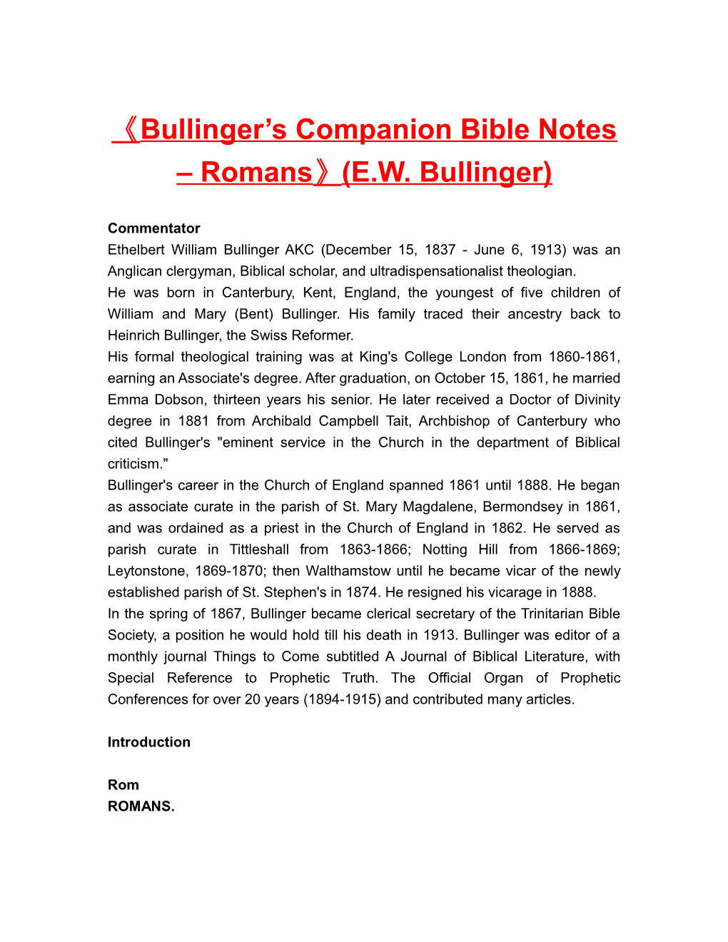 Bullinger S Companion Bible Notes Romans (E.W. Bullinger)