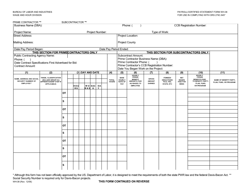 Bureau of Labor and Industriespayroll/Certified Statement Form Wh-38