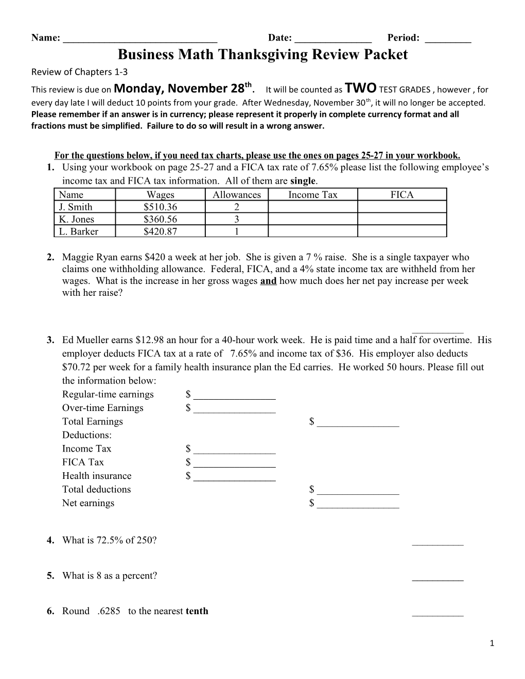 Business Math Thanksgiving Review Packet
