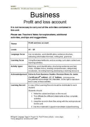 BUSINESS: Profit and Loss Account