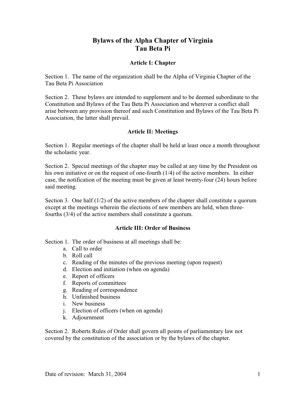 Bylaws of the Alpha Chapter of Virginia