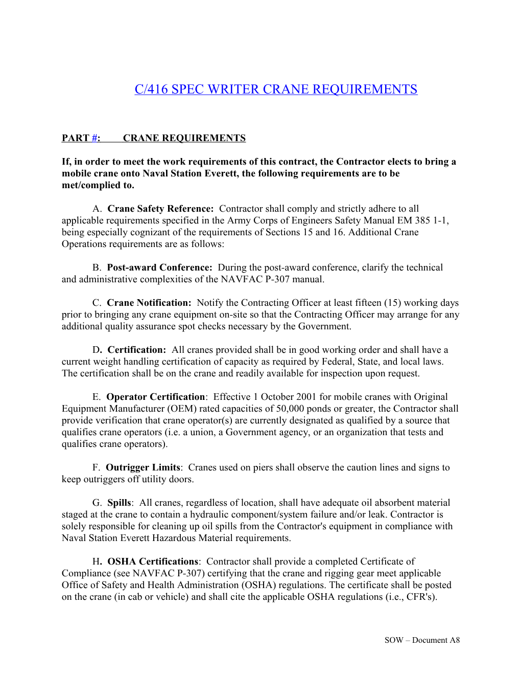 C/416 Spec Writer Crane Requirements