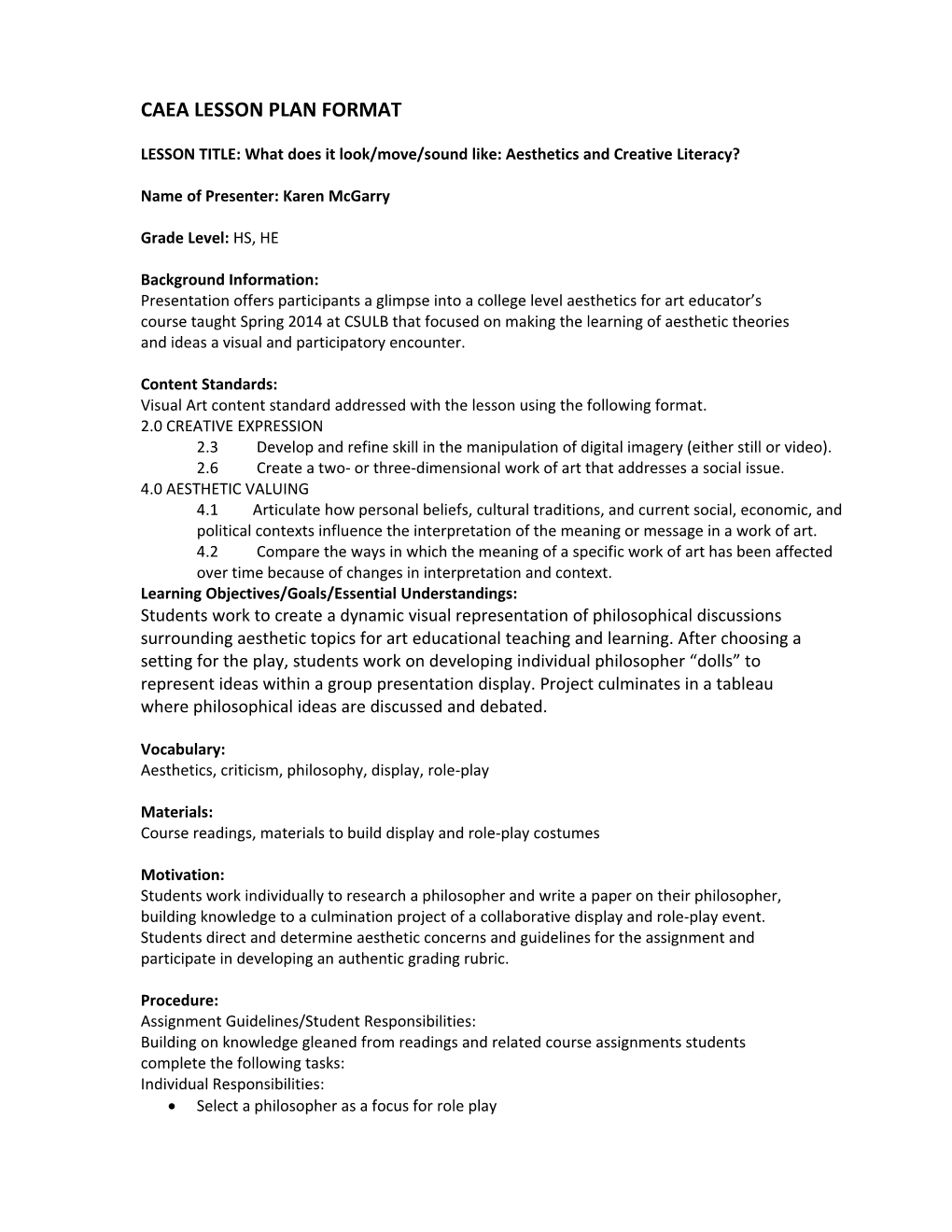 CAEA Lesson Plan Format