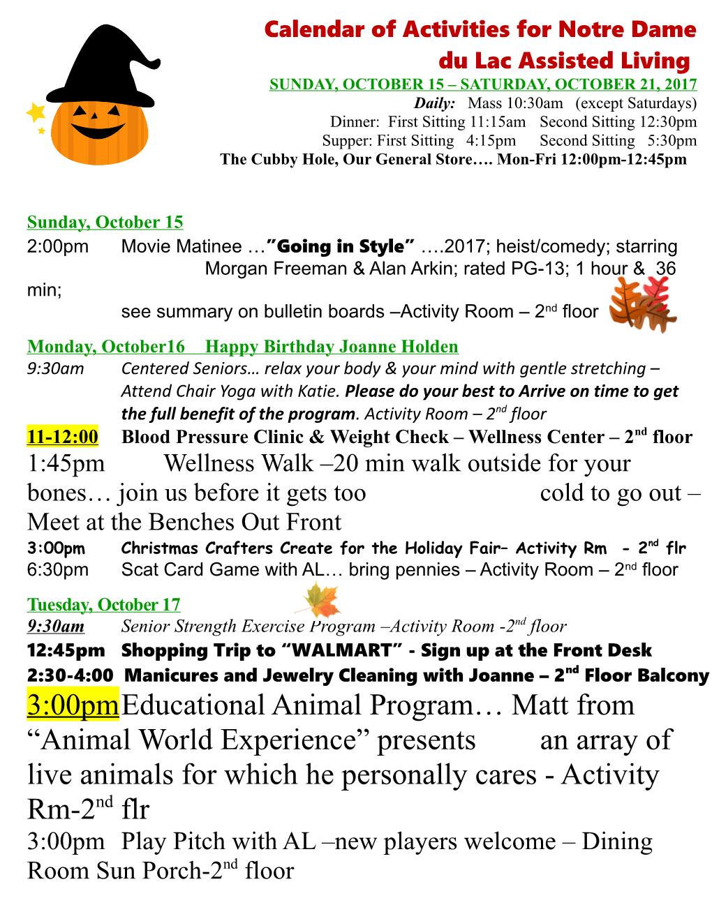 Calendar of Activities for Notre Dame Du Lac Assisted Living
