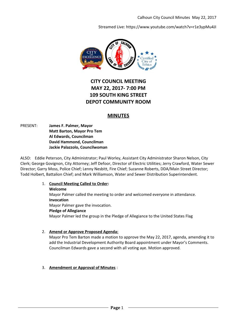 Calhoun City Council Minutes May 22, 2017