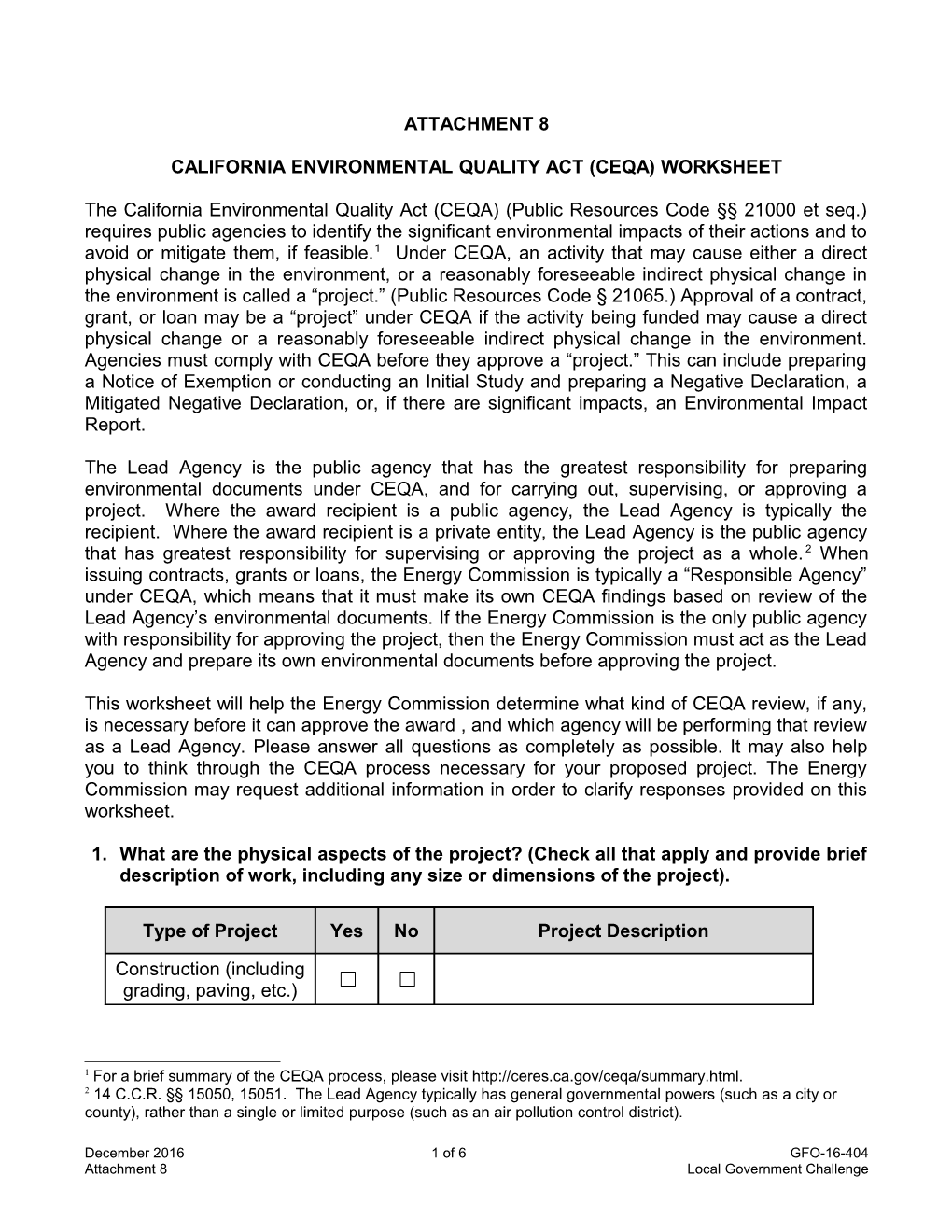 California Environmental Quality Act (Ceqa) Worksheet