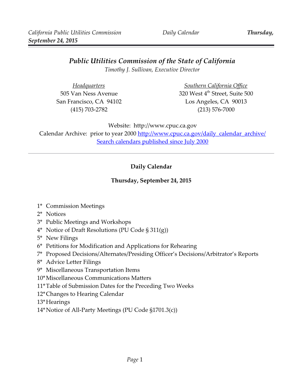 California Public Utilities Commission Daily Calendar Thursday, September 24, 2015