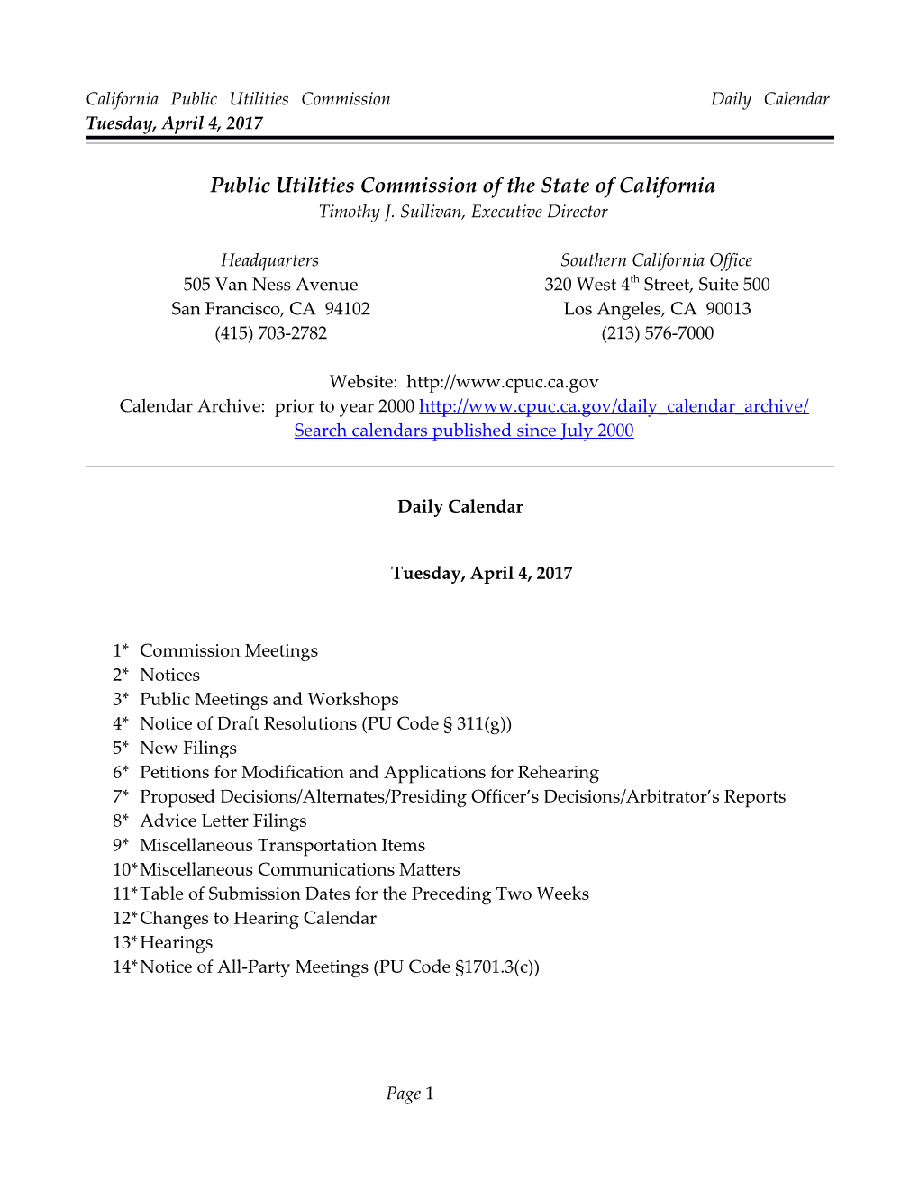 California Public Utilities Commission Daily Calendar Tuesday, April 4, 2017