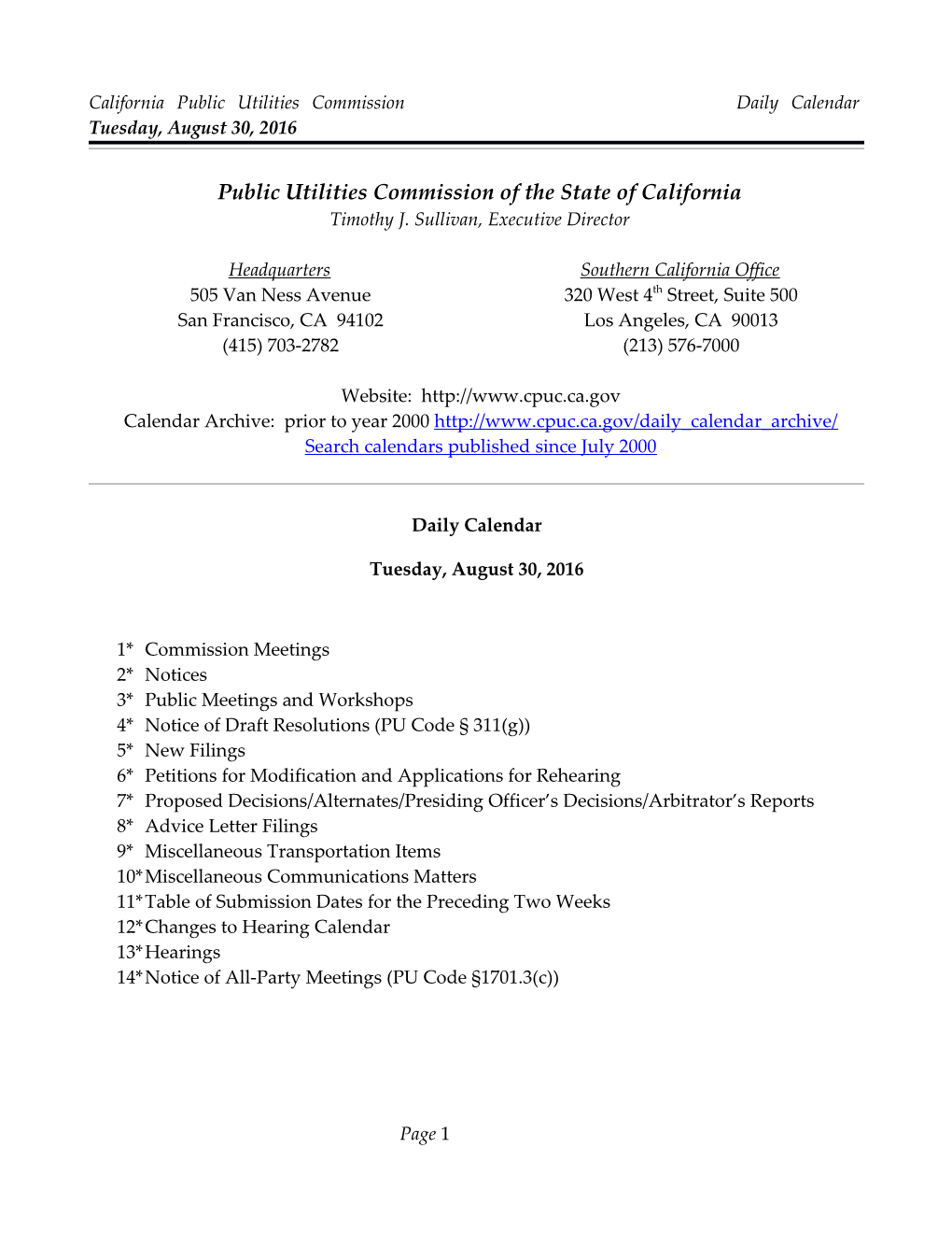 California Public Utilities Commission Daily Calendar Tuesday, August 30, 2016