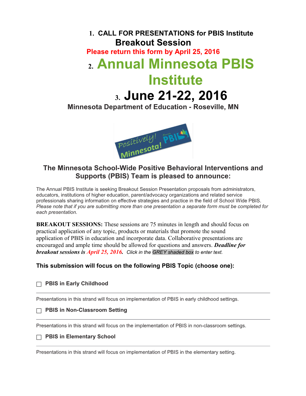 CALL for PRESENTATIONS for PBIS Institute