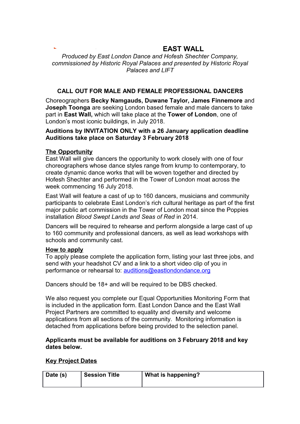 Call out for Male and Female Professional Dancers