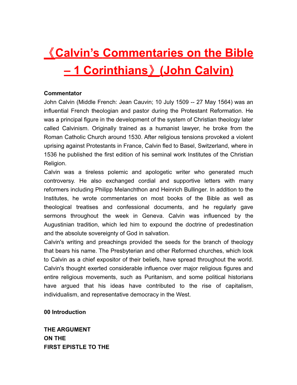 Calvin Scommentaries on the Bible 1 Corinthians (John Calvin)