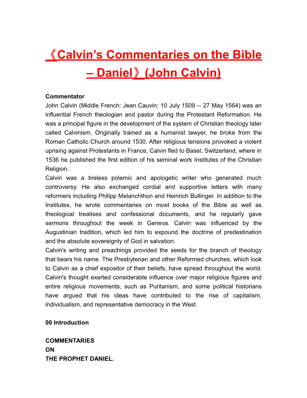 Calvin Scommentaries on the Bible Daniel (John Calvin)