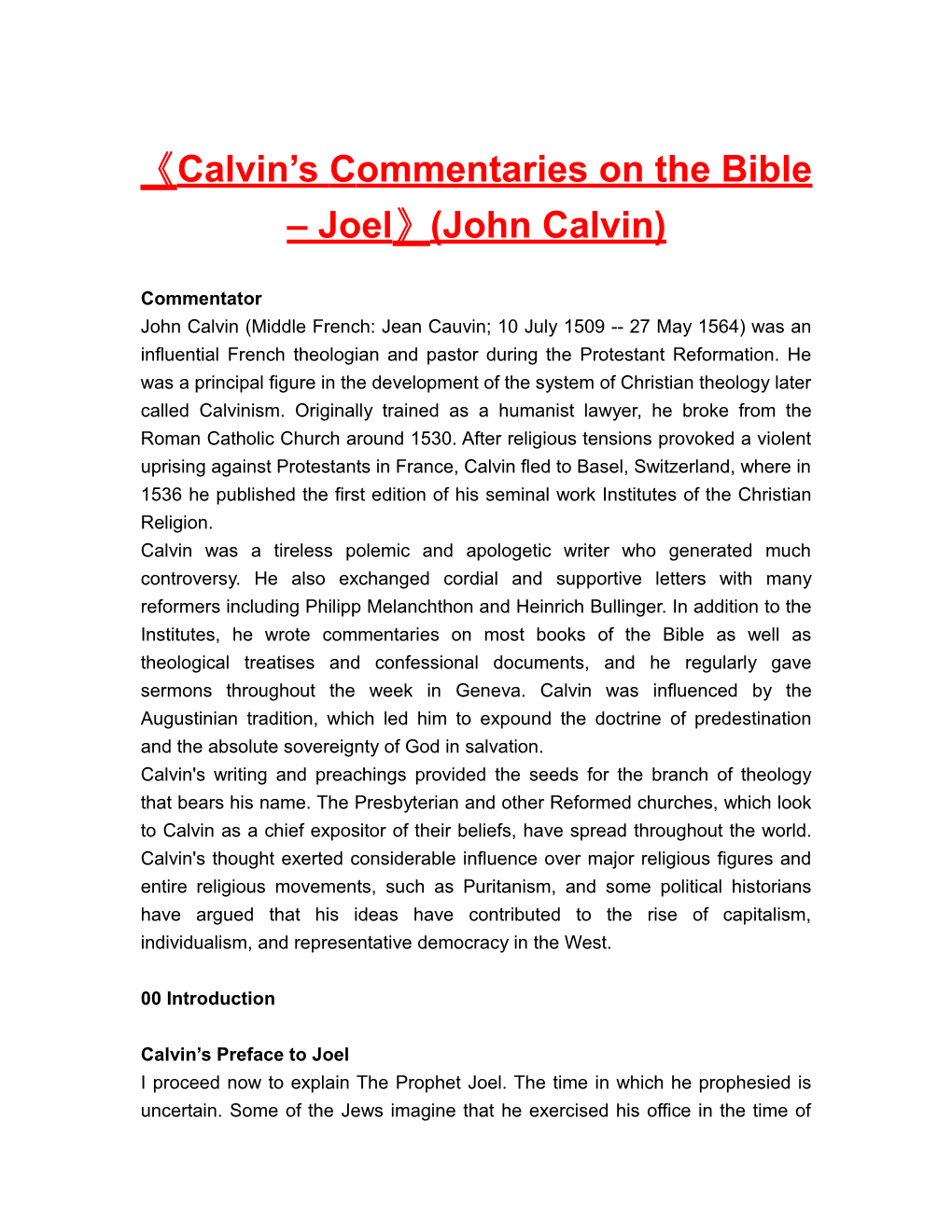 Calvin Scommentaries on the Bible Joel (John Calvin)
