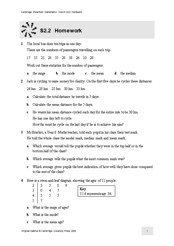 Cambridge Essentials Mathematics Core 8S2.2 Homework