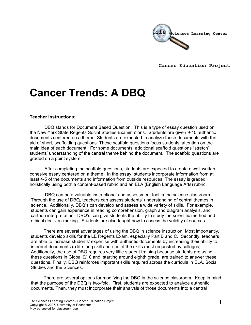 Cancer Trends: a DBQ