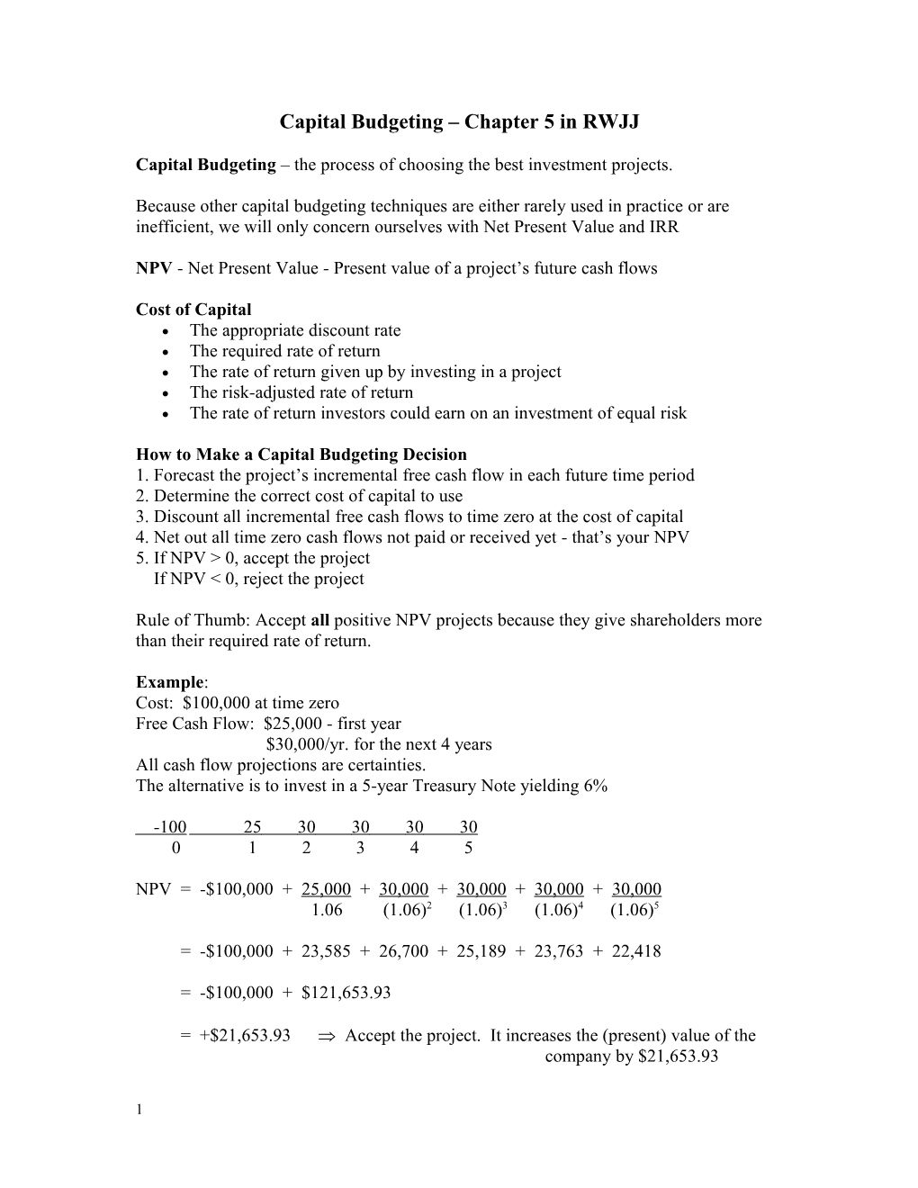 Capital Budgeting Chapter 5 in RWJJ