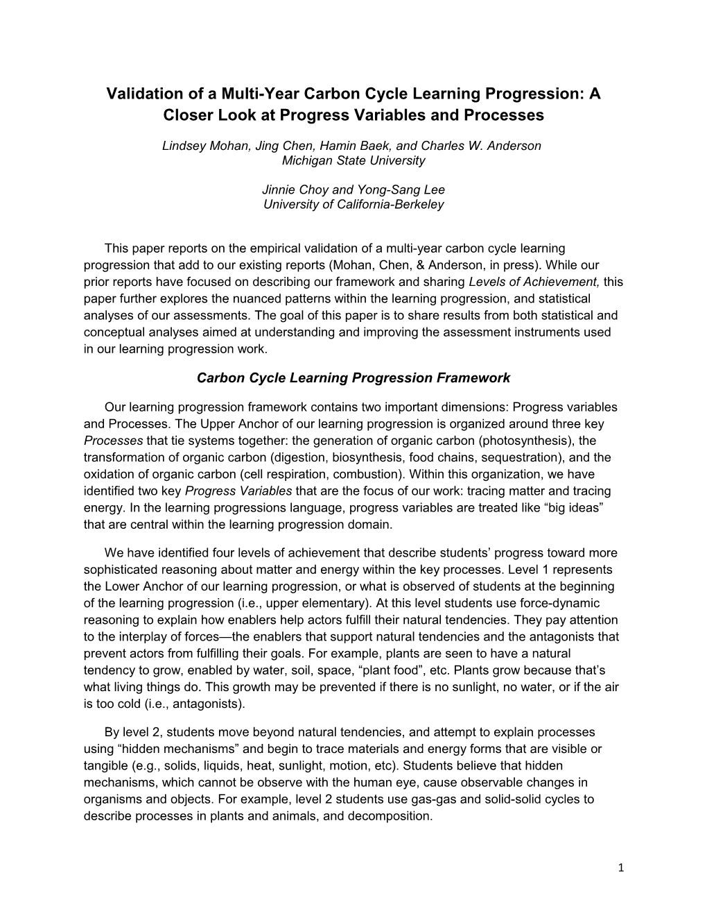 Carbon Cycle Learning Progression: a Closer Look at Progress Variables and Processes