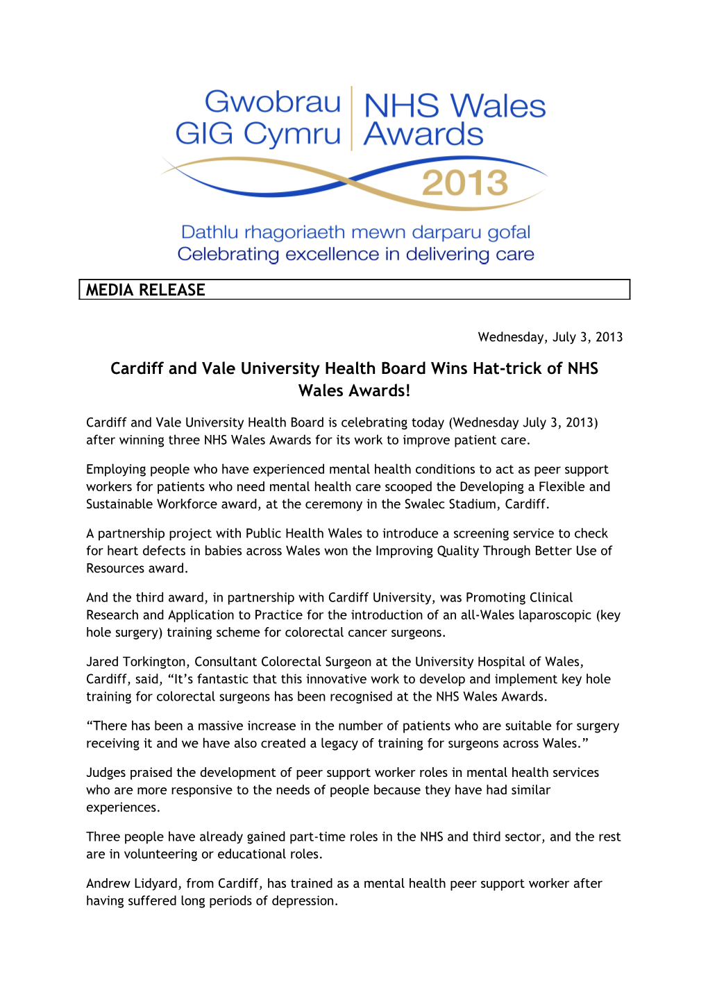 Cardiff and Vale University Health Board Winshat-Trick of NHS Wales Awards!