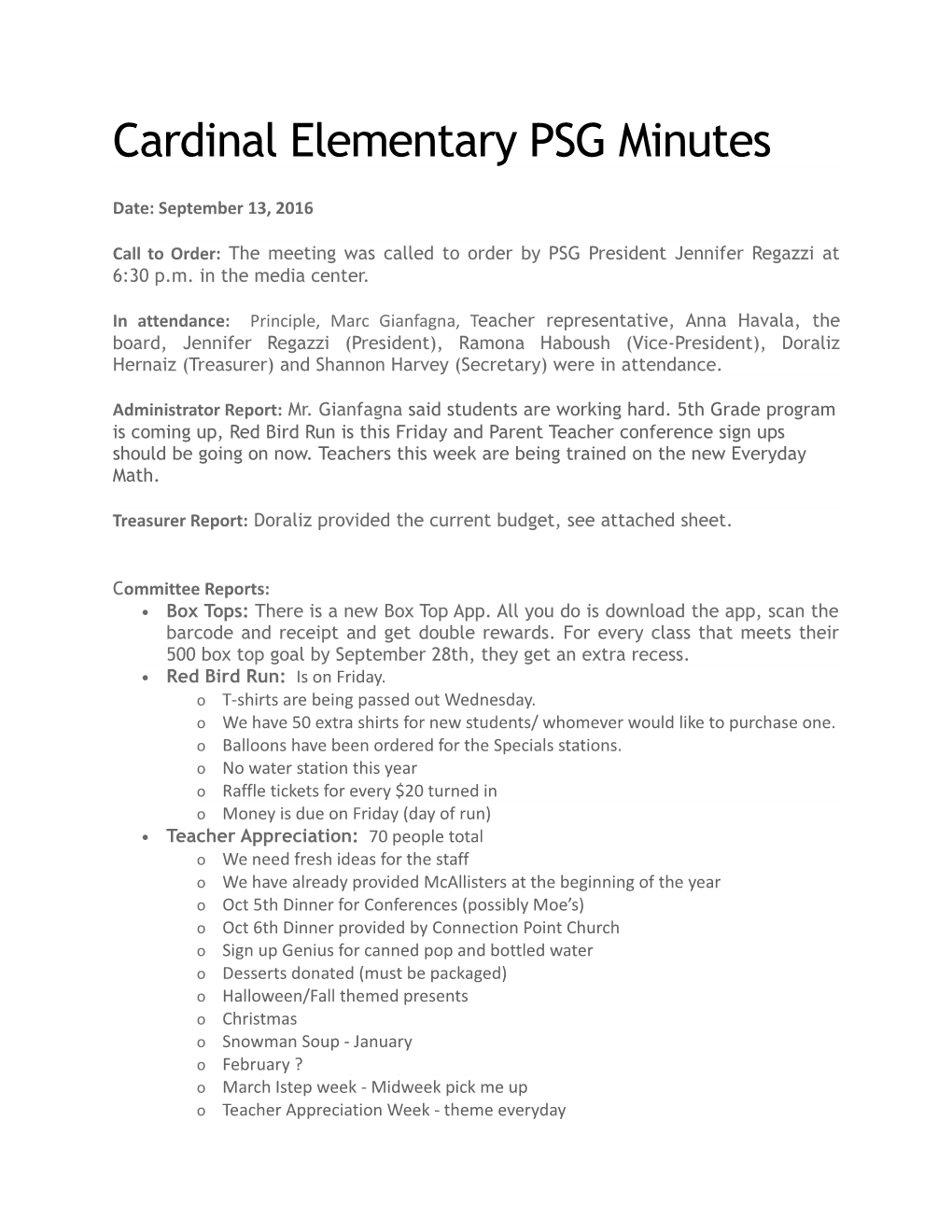 Cardinal Elementary PSG Minutes