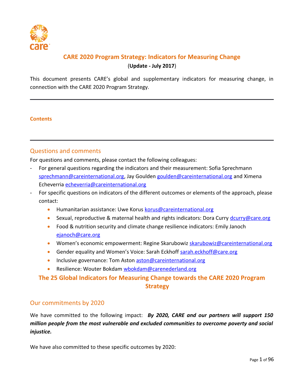 CARE 2020 Program Strategy: Indicators for Measuring Change