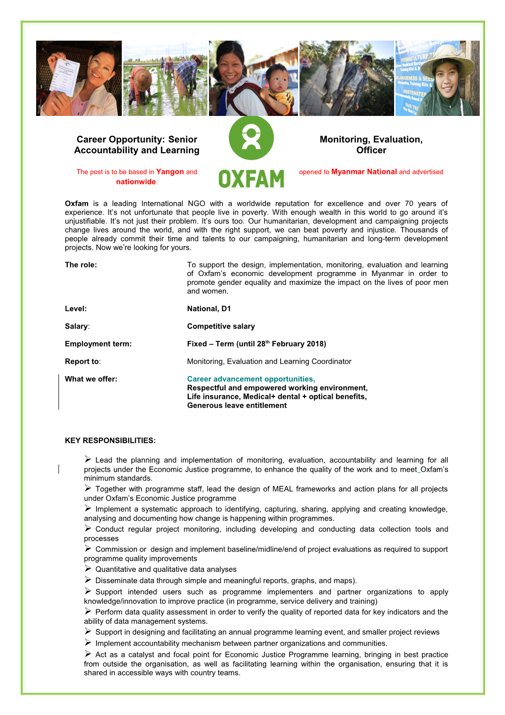 Career Opportunity:Senior Monitoring, Evaluation, Accountability and Learning Officer