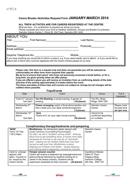 Carers Breaks /Activities Request Form JANUARY-MARCH 2014