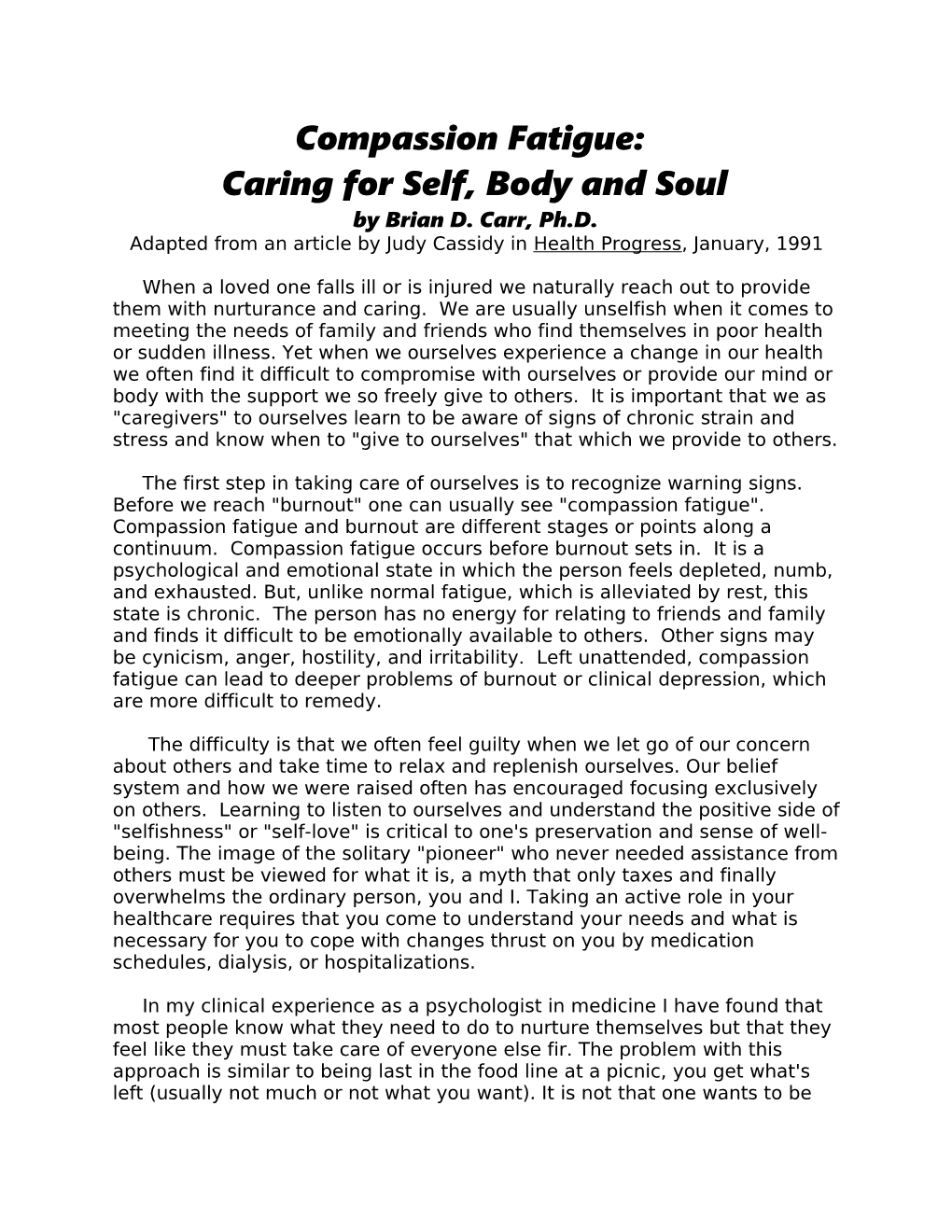 Caring for Self, Body and Soul