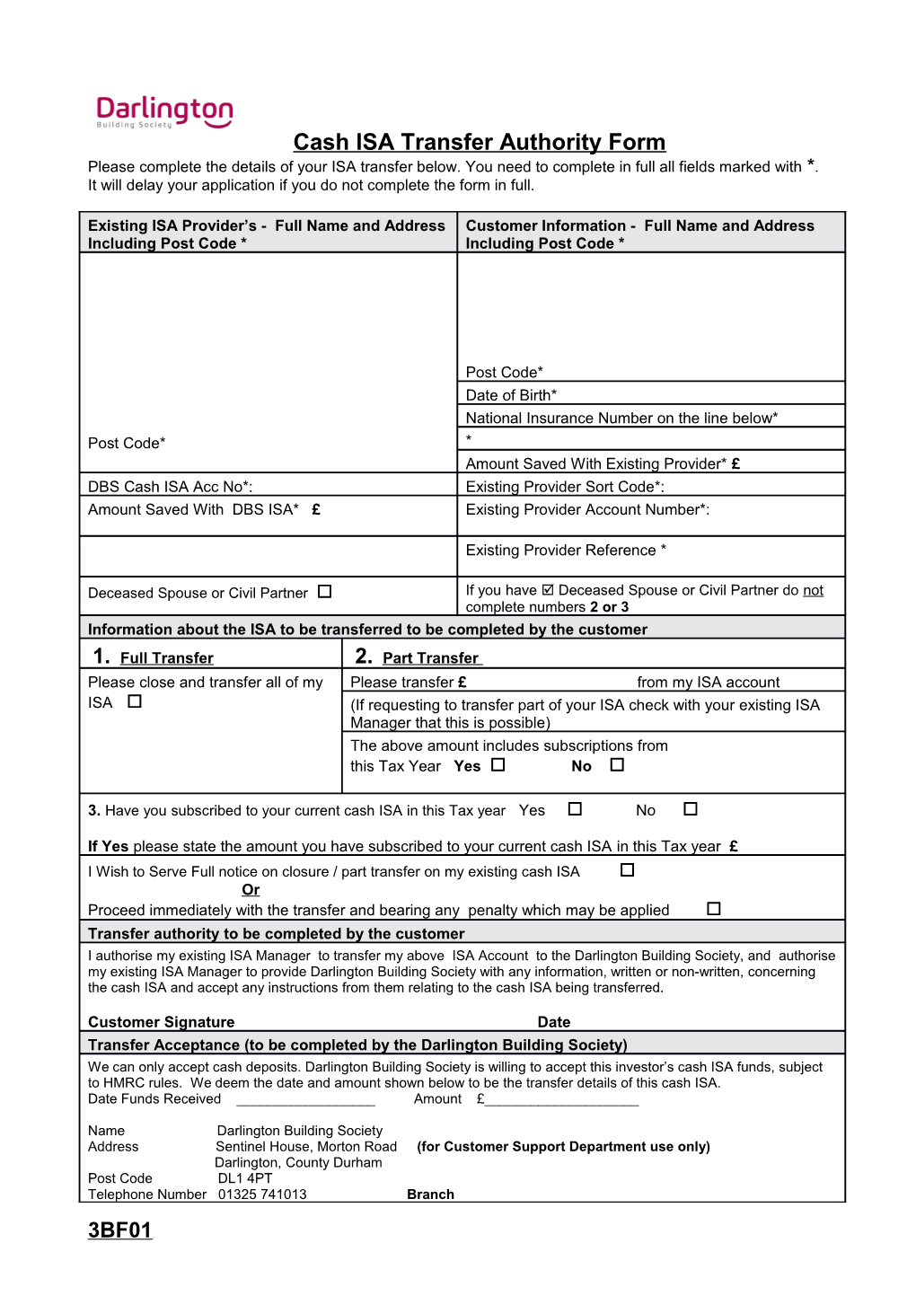 Cash ISA Transfer Authority Form