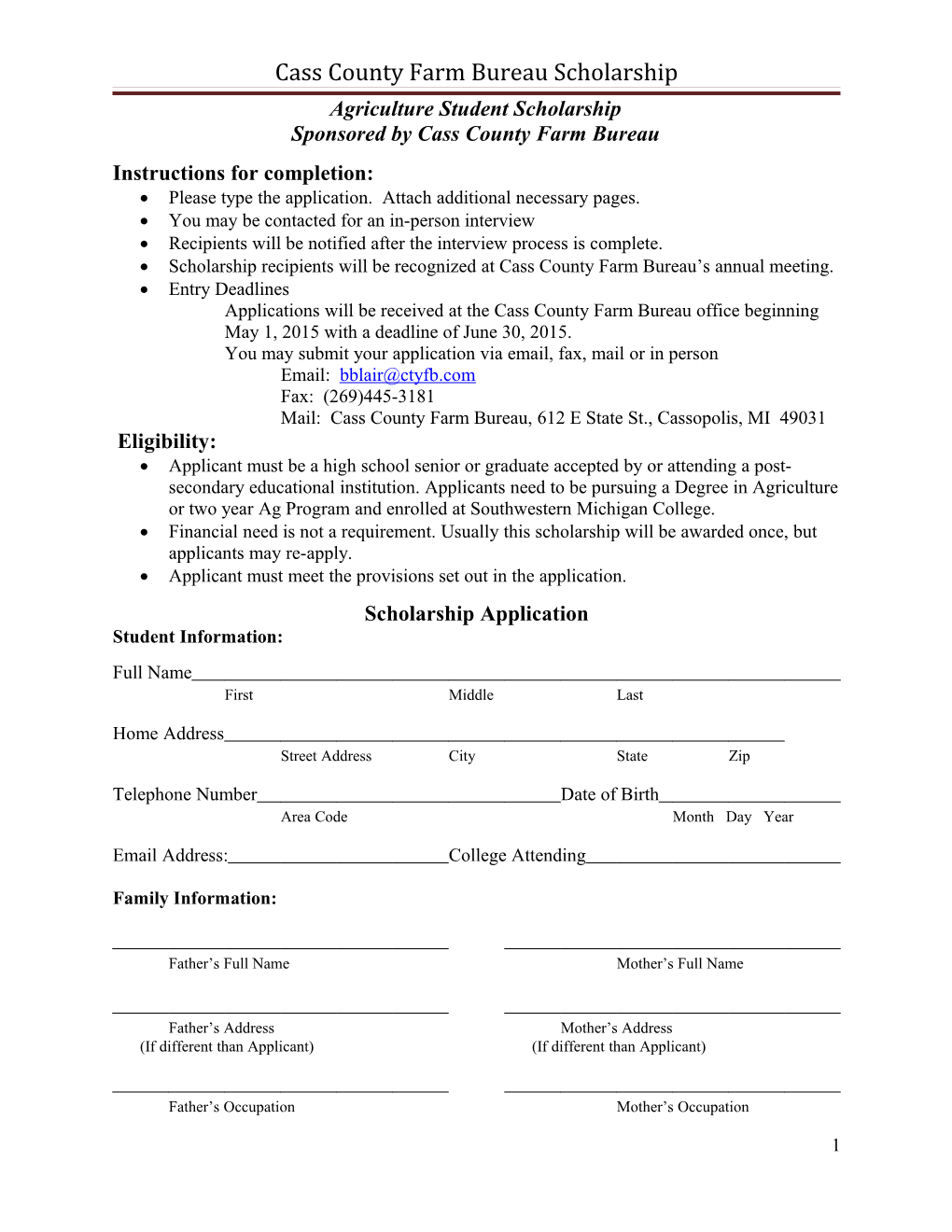 Cass County Farm Bureau Scholarship