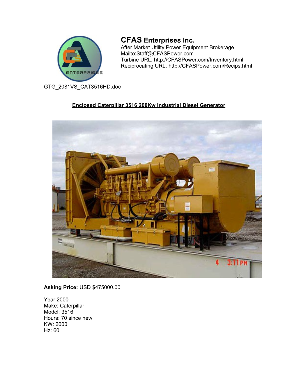 Caterpillar 3516 Industrial Diesel Generator