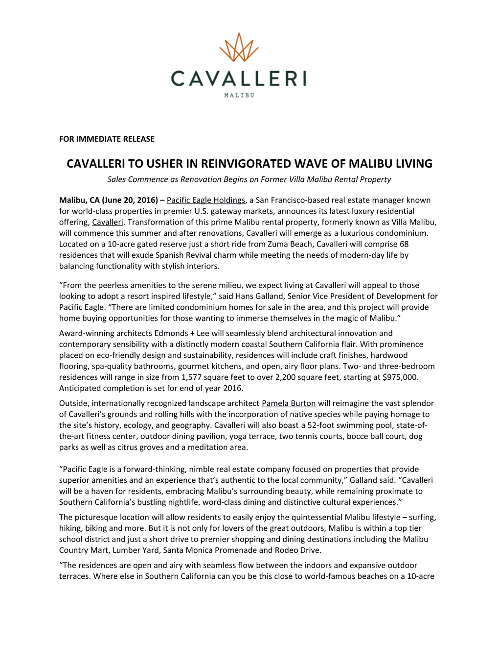 Cavalleri to Usher in Reinvigorated Wave of Malibu Living