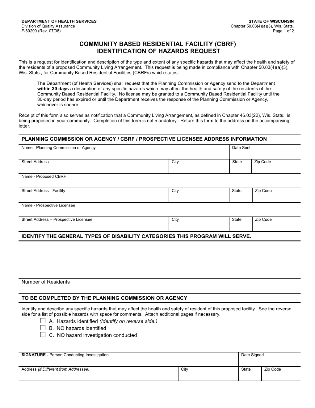 CBRF Identification of Hazards Request, F-60290
