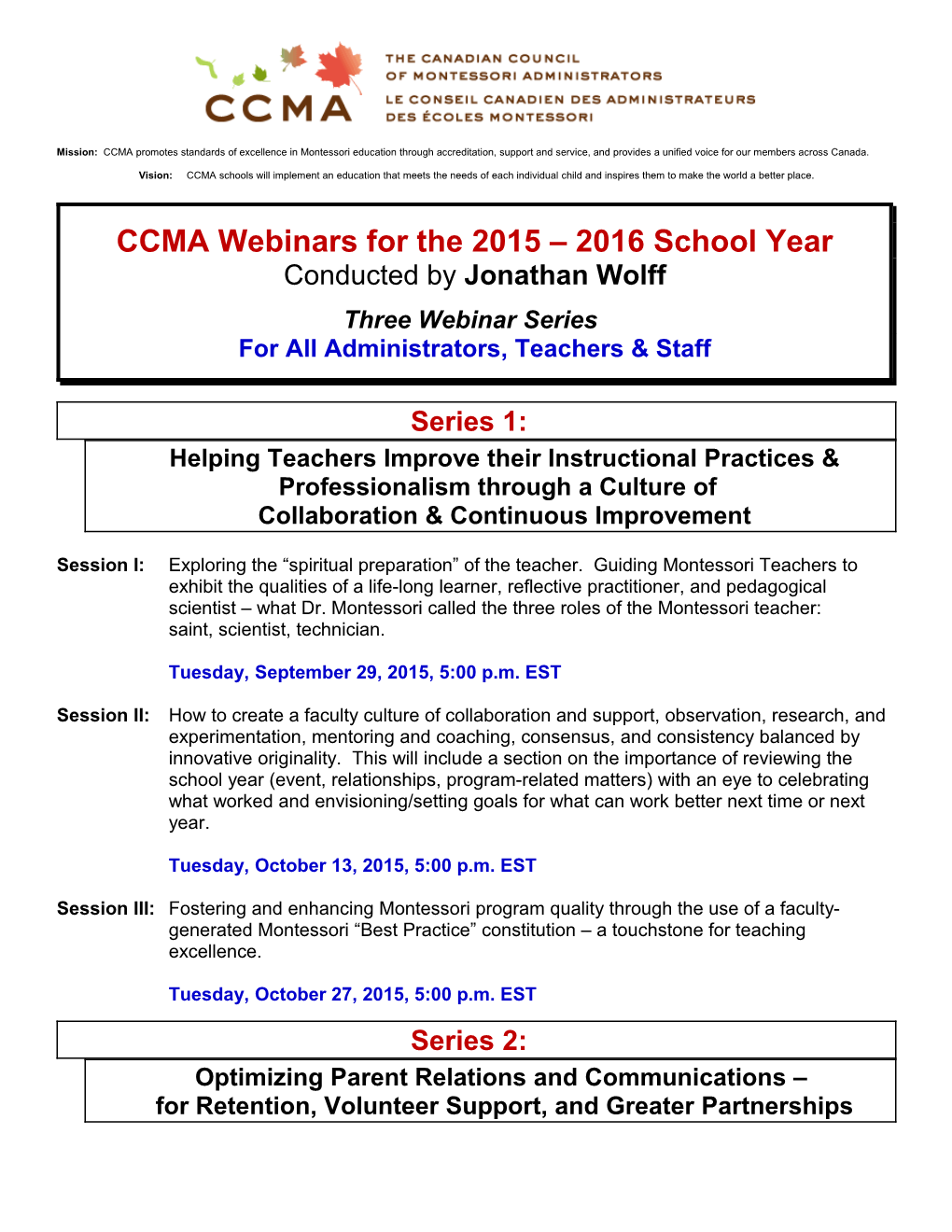 CCMA Webinars for the 2015 2016 School Year