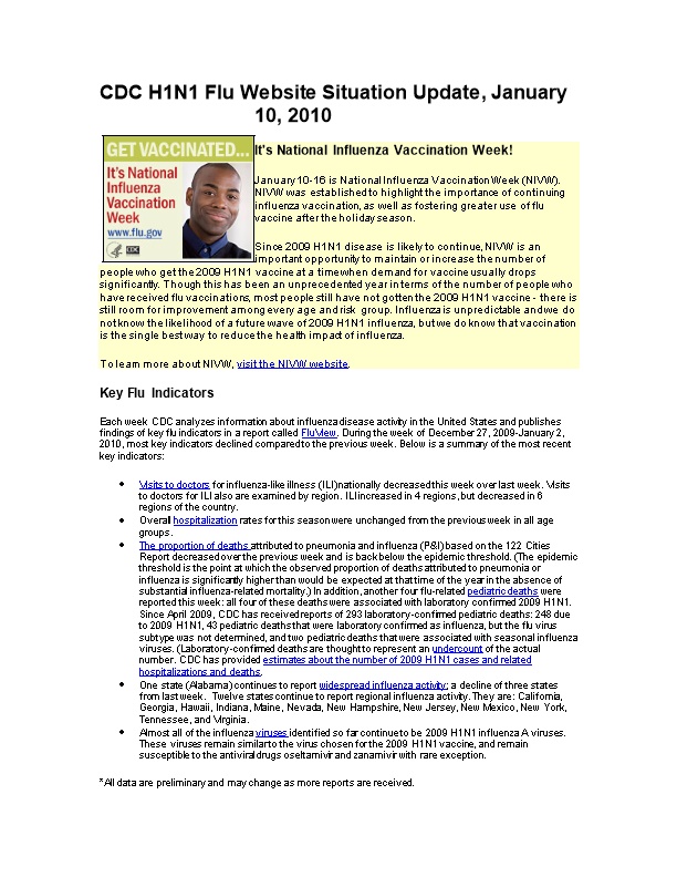 CDC H1N1 Flu Website Situation Update, January 10, 2010