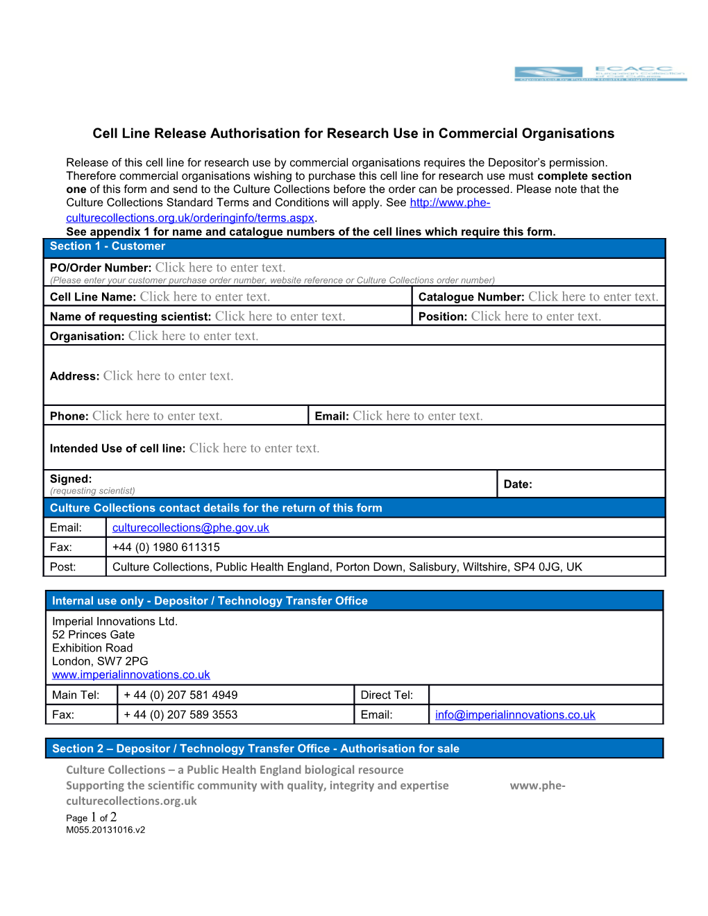 Cell Line Release Authorisation for Research Use in Commercial Organisations