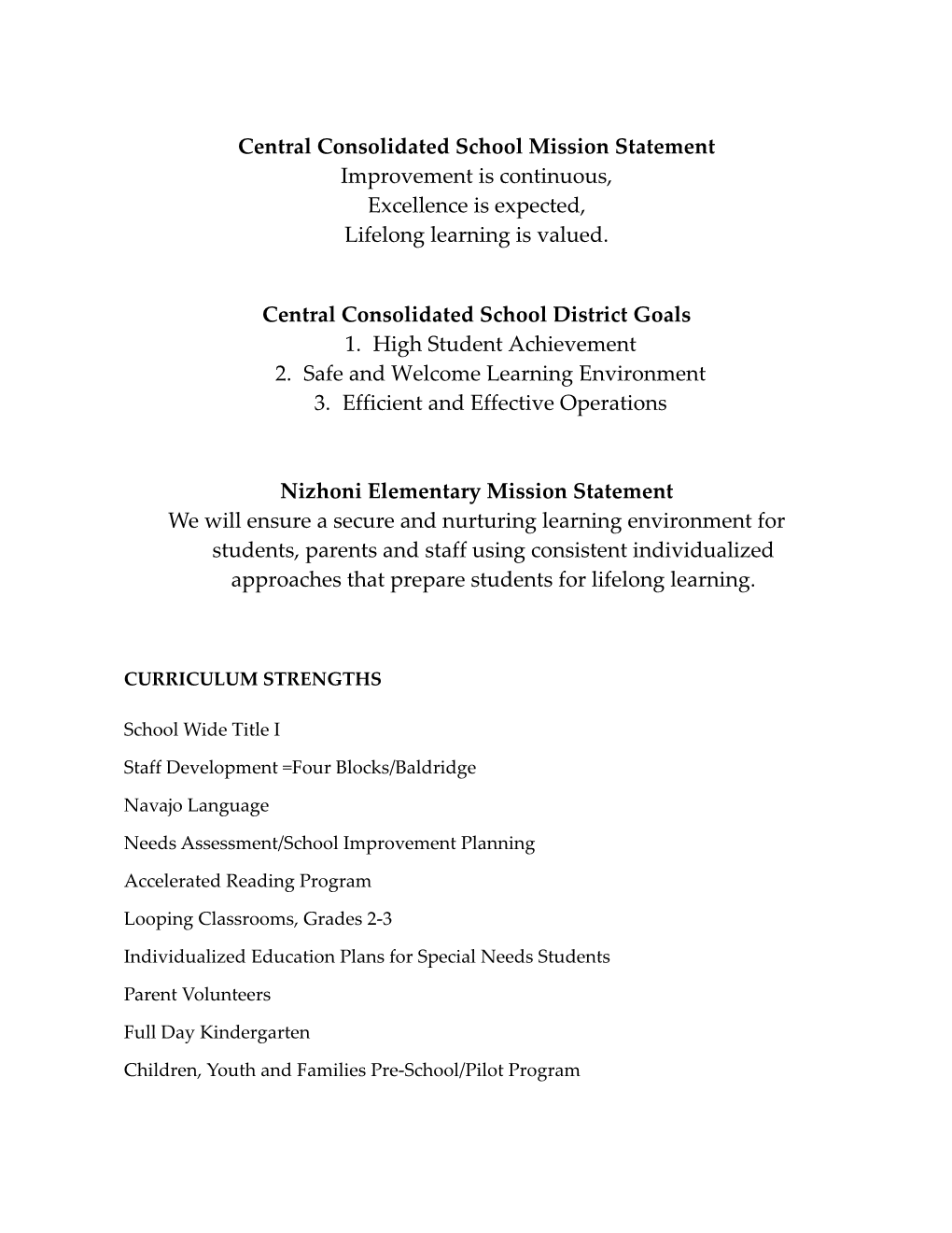 Central Consolidated School Mission Statement