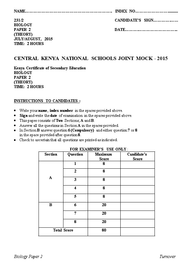 Central Kenya National Schools Joint Mock - 2015