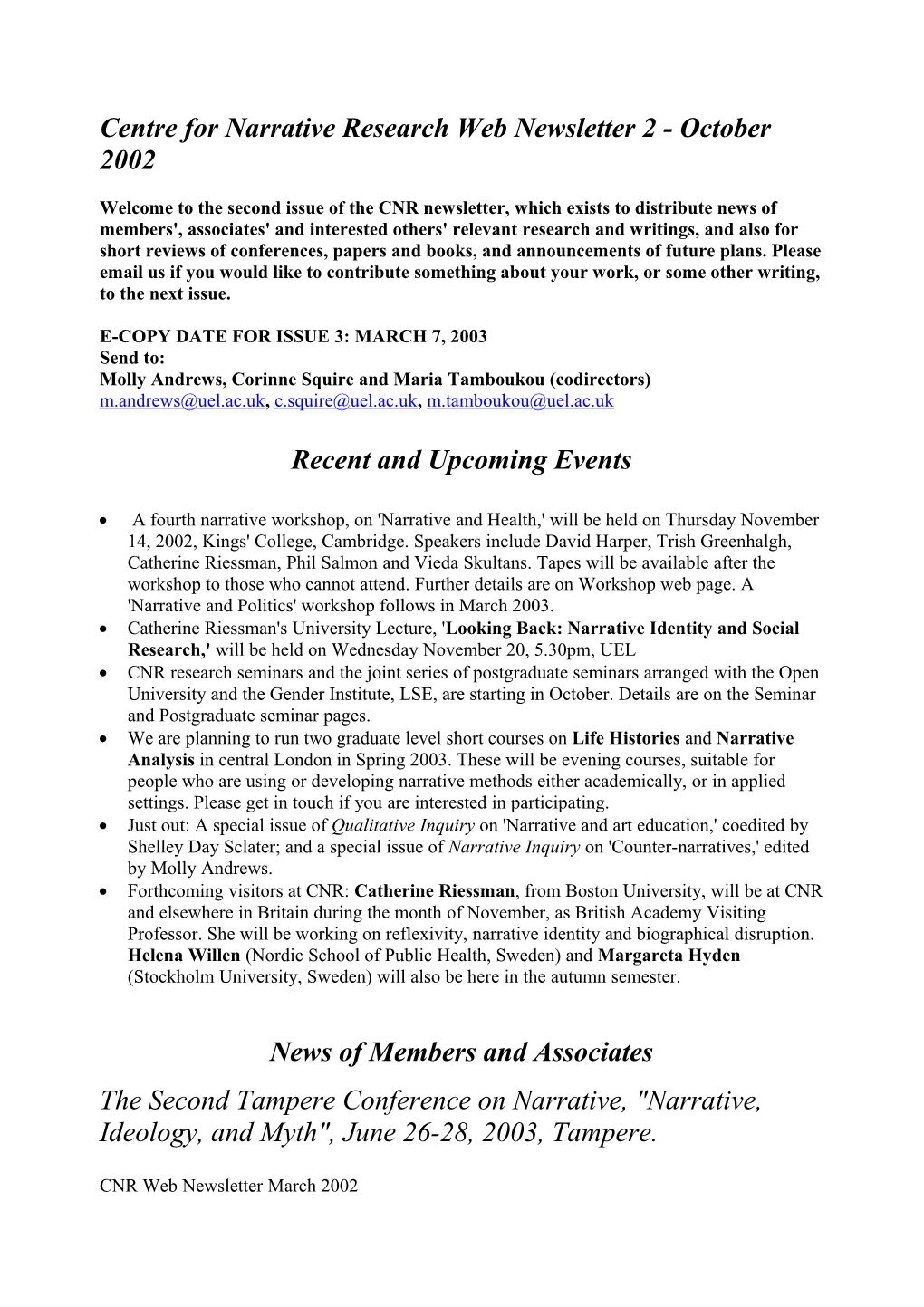 Centre for Narrative Research Web Newsletter 1 - April 2002