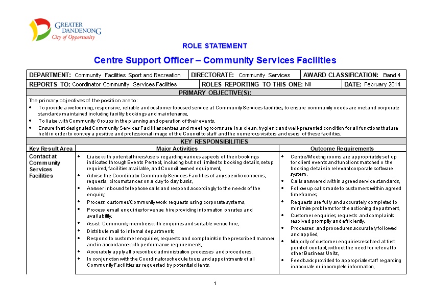 Centre Support Officer Community Services Facilities