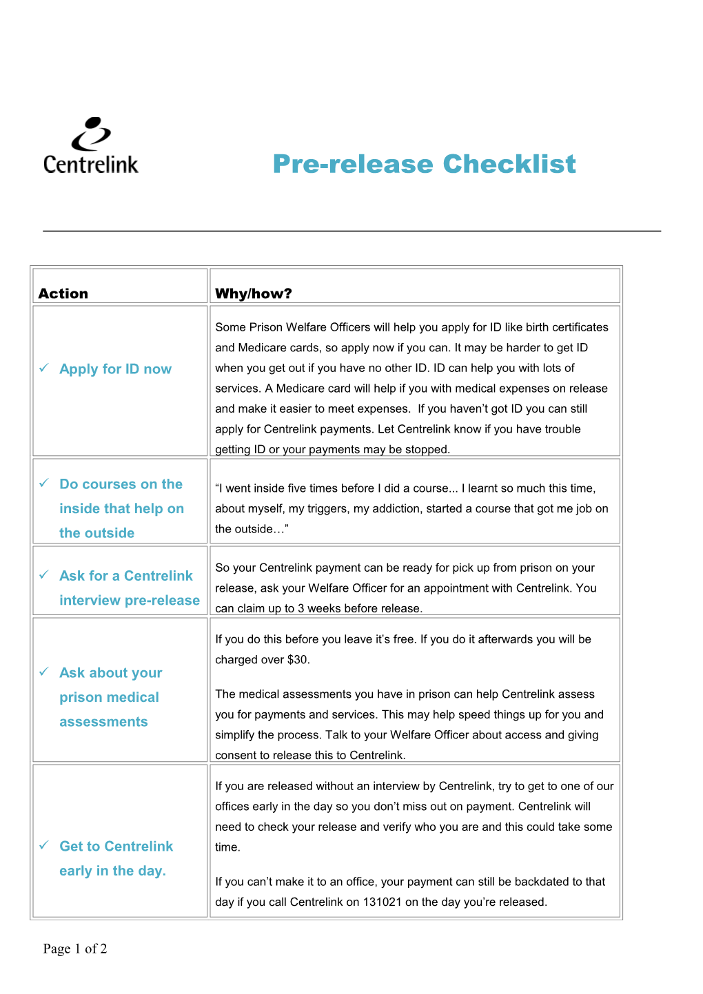 Centrelink Pre Release Checklist