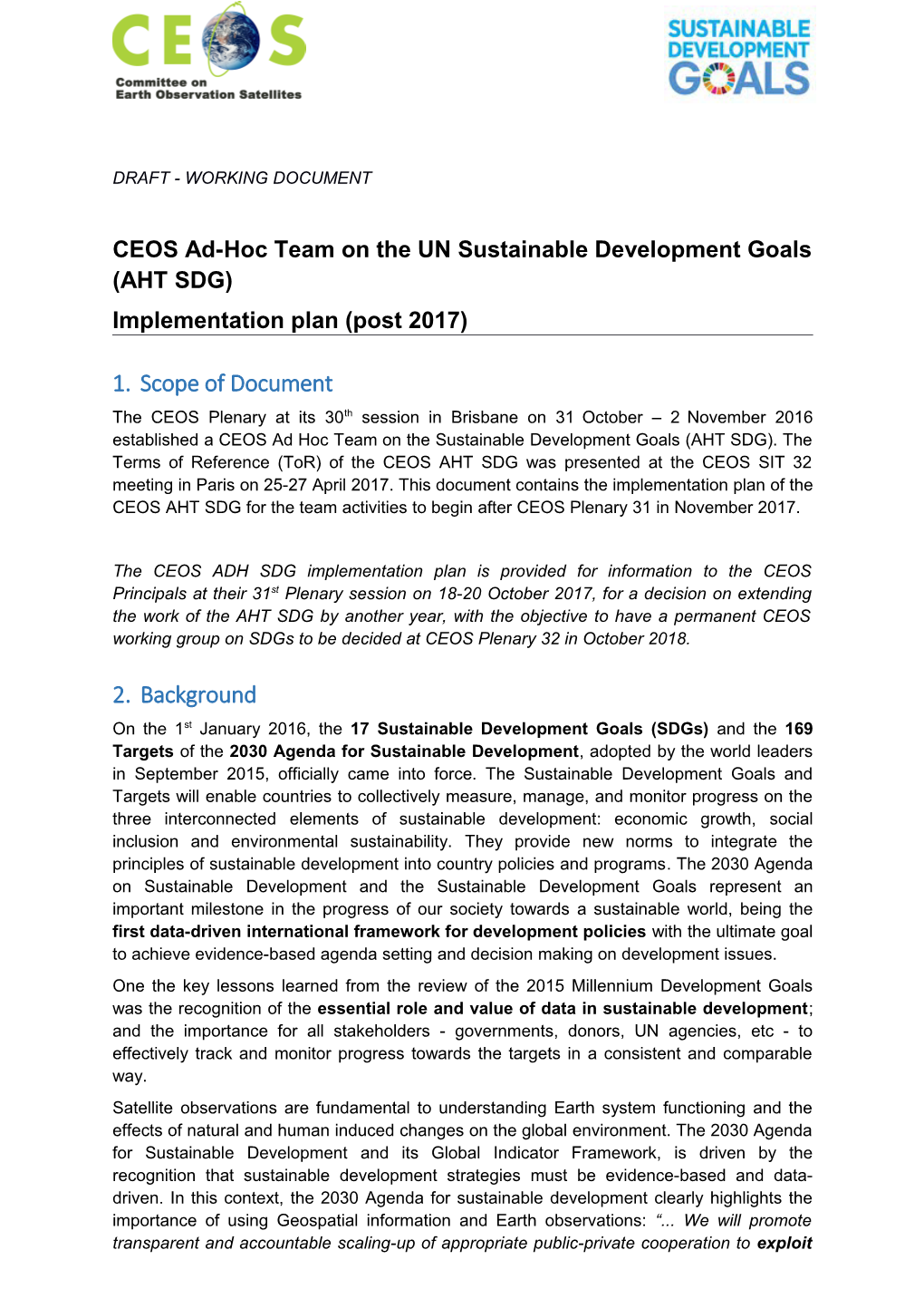 CEOS AHT SDG Implementation Plan (Including Terms of Reference)