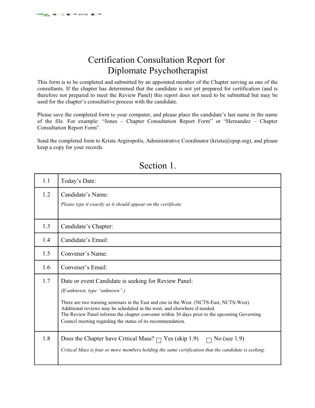 Certification Consultation Reportfor Diplomate Psychotherapist