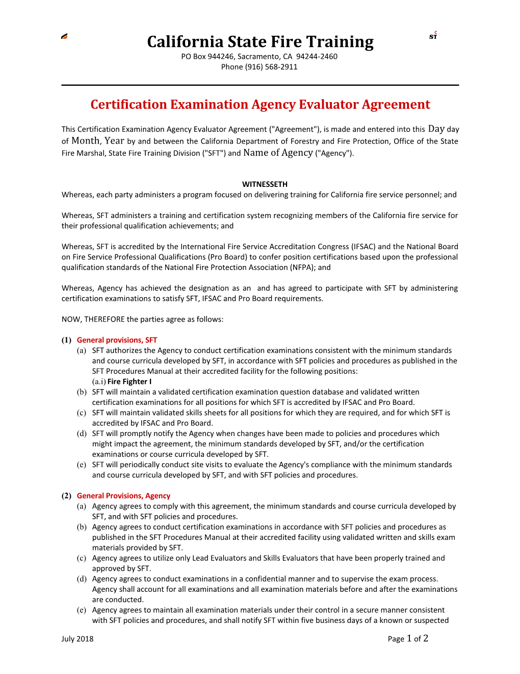 Certification Examination Agency Evaluator Agreement