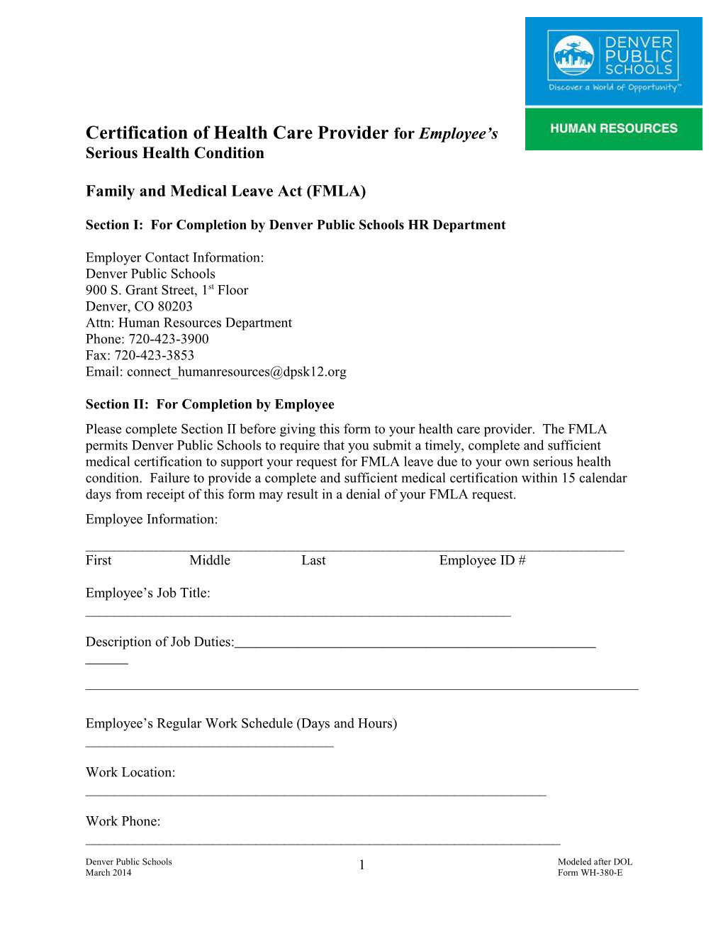 Certification of Health Care Provider for Employee S