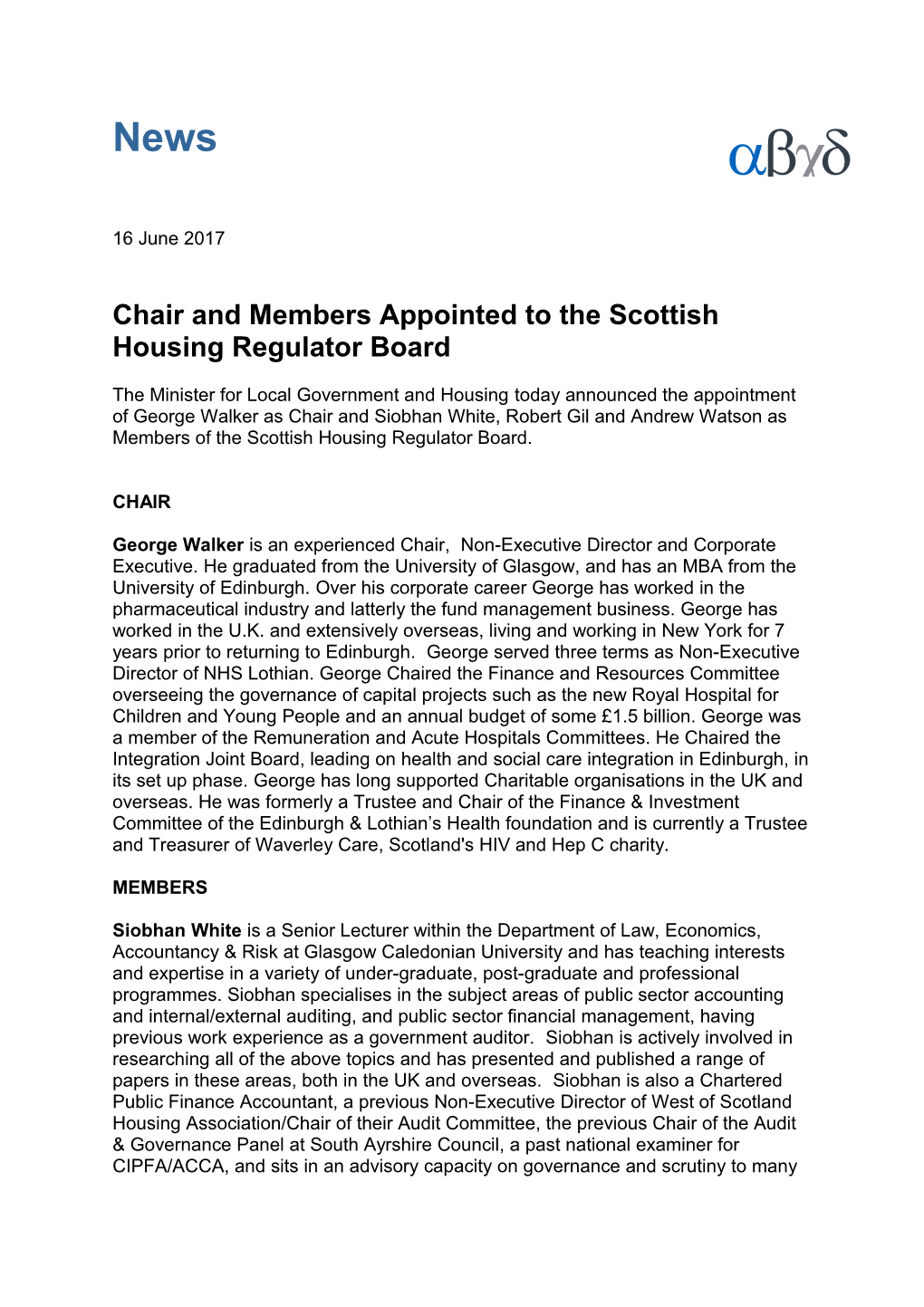 Chair and Members Appointed to the Scottish Housing Regulator Board